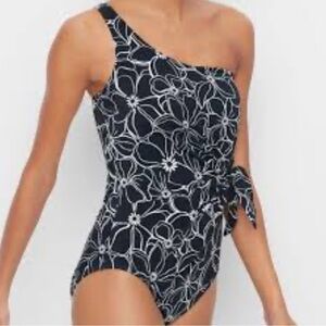 TALBOTS Miracle One Shoulder Black Floral One Piece Swimsuit SZ 8